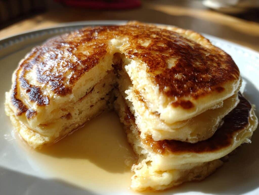 Stack of fluffy lemon ricotta pancakes with a piece cut out, drizzled with syrup.