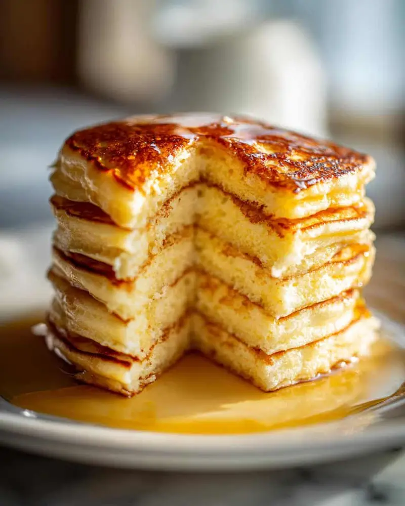 Heavenly Fluffy Lemon Ricotta Pancakes: Just 1 Mistake 7 A stack of fluffy lemon ricotta pancakes with a slice cut out, drizzled with syrup.