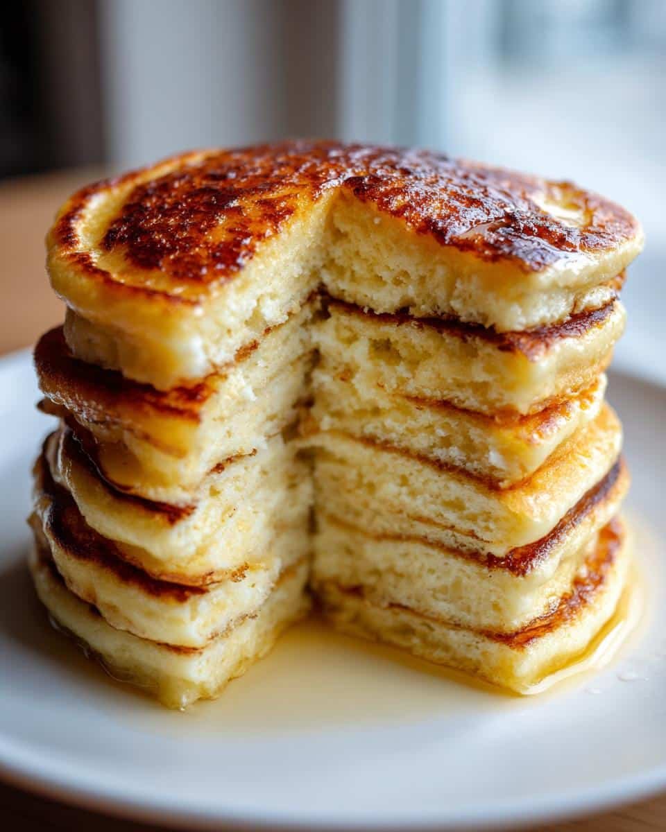 Heavenly Fluffy Lemon Ricotta Pancakes: Just 1 Mistake 8 A tall stack of fluffy lemon ricotta pancakes with a wedge cut out, drizzled with syrup.