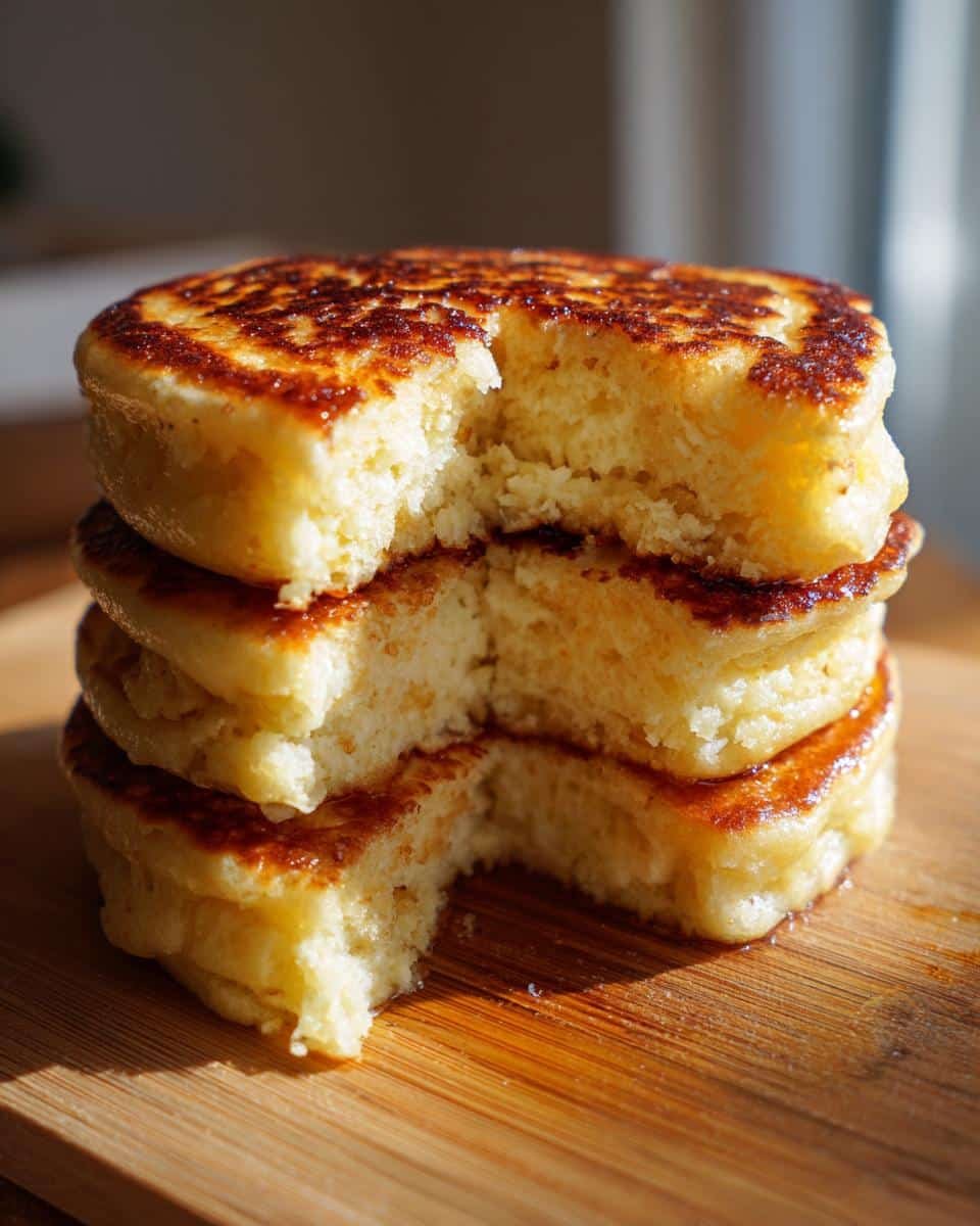 Heavenly Fluffy Lemon Ricotta Pancakes: Just 1 Mistake 9 A stack of fluffy lemon ricotta pancakes on a wooden board, with bites taken out of the top and bottom pancakes.