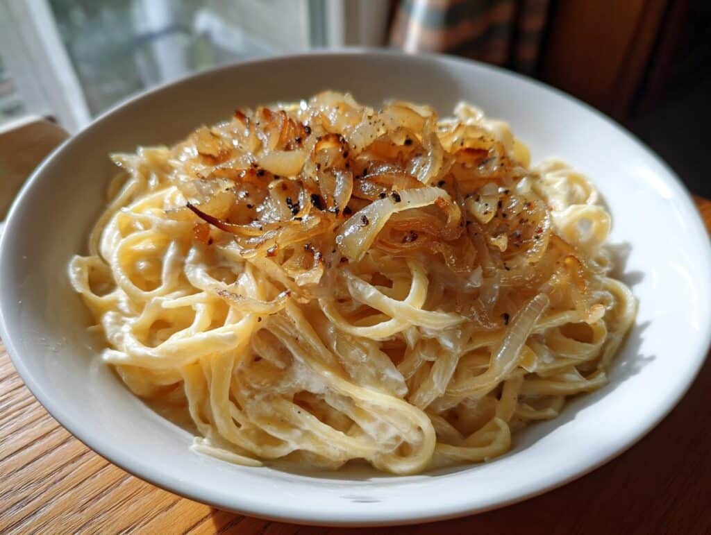 A bowl of creamy French Onion Soup Pasta with Gruyere, topped with caramelized onions.