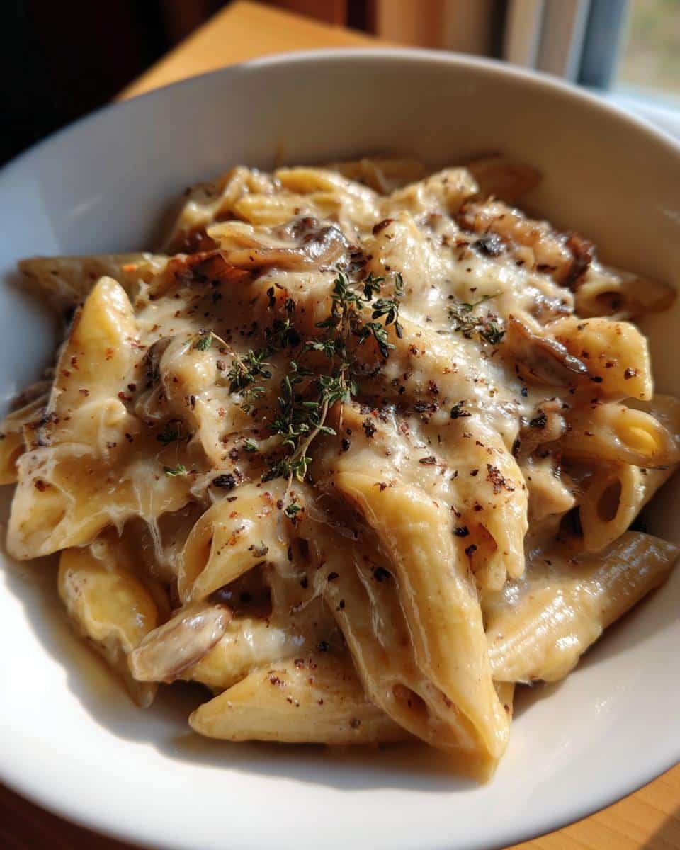 French Onion Soup Pasta: Unbelievably Divine in 25 Mins 6 A bowl of French Onion Soup Pasta with Gruyere cheese, garnished with thyme.