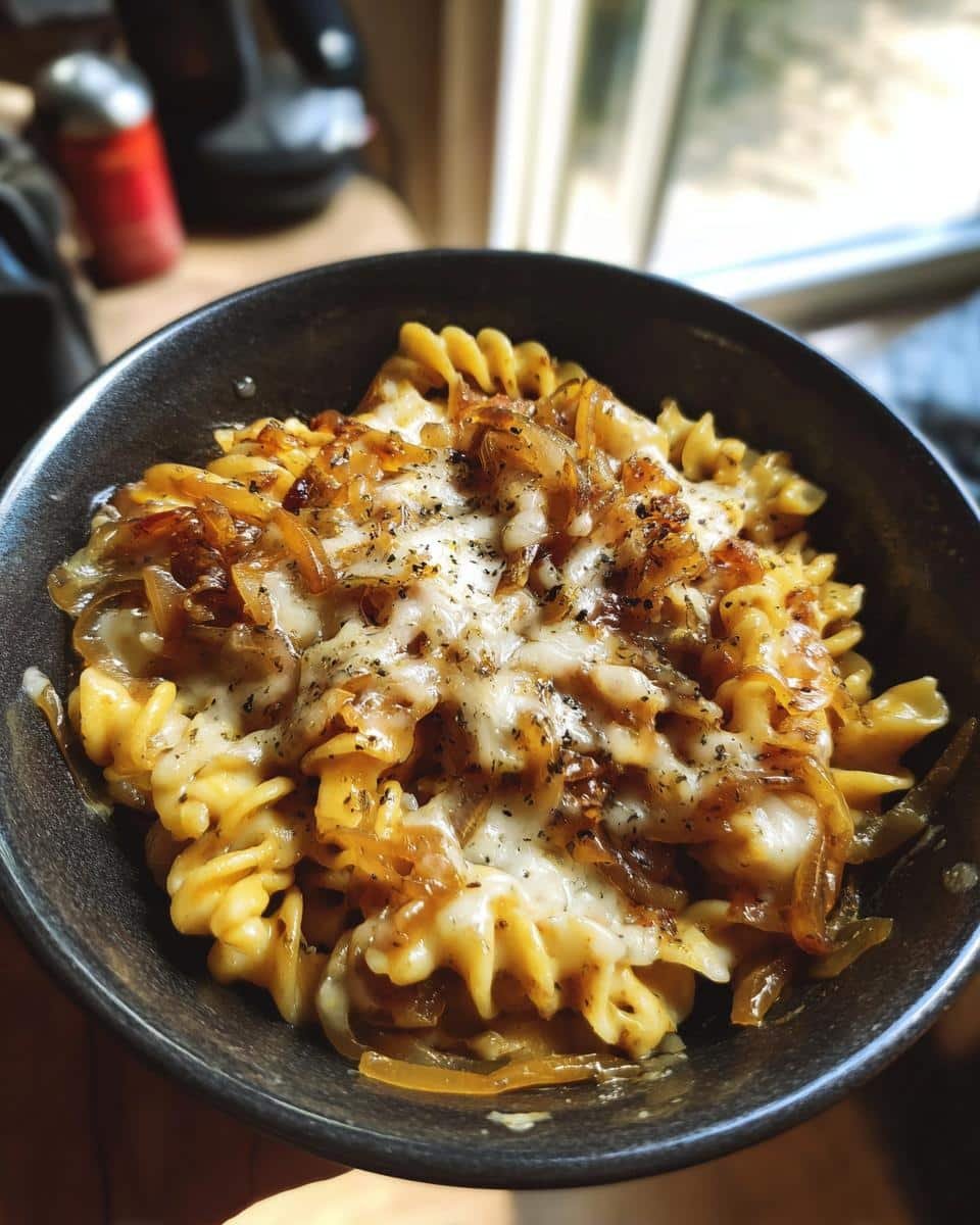 French Onion Soup Pasta: Unbelievably Divine in 25 Mins 9 Bowl of French Onion Soup Pasta with Gruyere cheese, caramelized onions, and herbs.