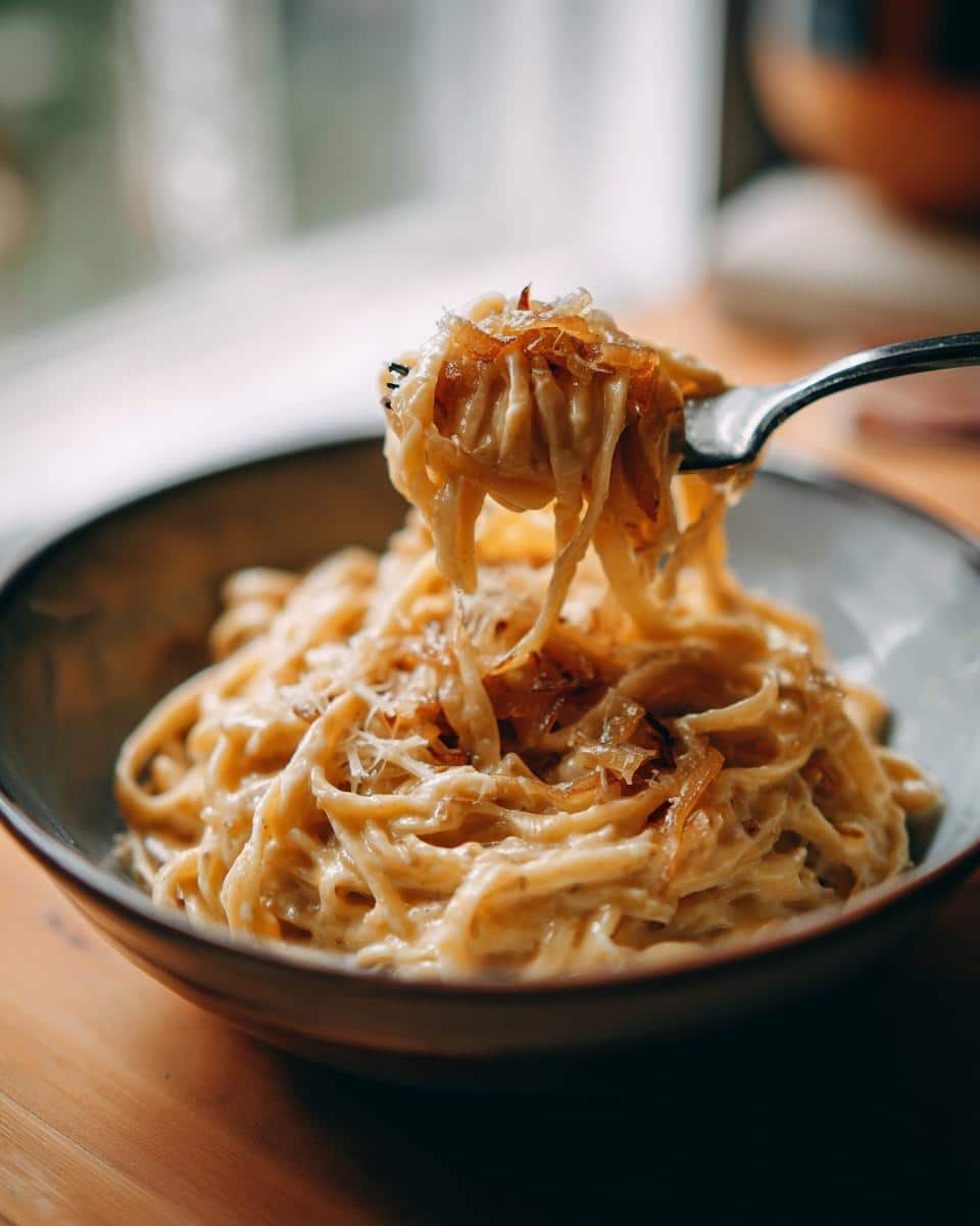 French Onion Soup Pasta: Unbelievably Divine in 25 Mins 7 A forkful of creamy French Onion Soup Pasta with Gruyere, lifted from a bowl.
