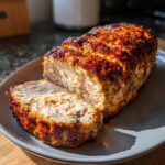 A sliced Garlic Parmesan Chicken Meatloaf on a plate, showcasing the texture and golden-brown crust.