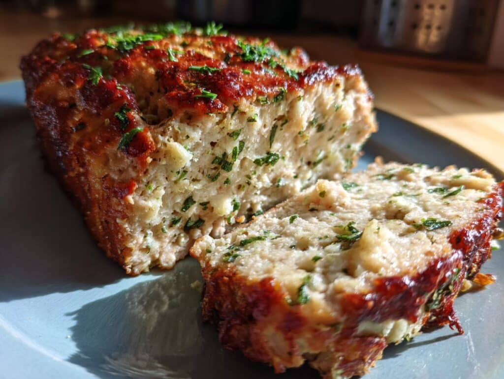 A slice of Garlic Parmesan Chicken Meatloaf on a plate, garnished with fresh herbs.