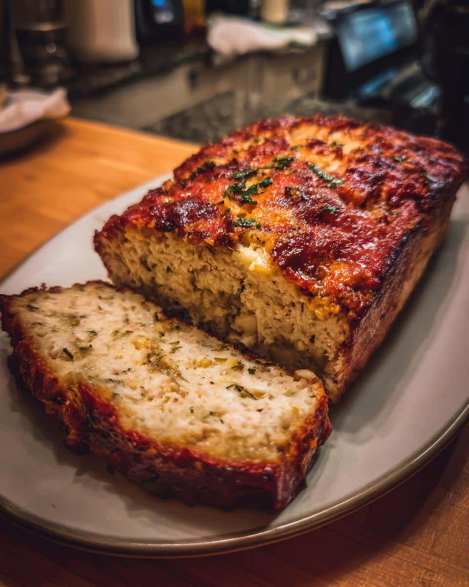 Unbelievable Garlic Parmesan Chicken Meatloaf in 1 Hour 6 A sliced Garlic Parmesan Chicken Meatloaf on a plate, showcasing the texture and golden-brown crust.
