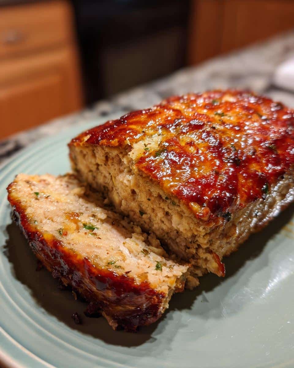 Unbelievable Garlic Parmesan Chicken Meatloaf in 1 Hour 8 A slice of Garlic Parmesan Chicken Meatloaf on a plate, showcasing the glaze and texture.