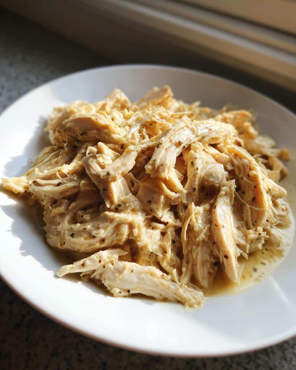 Delicious Garlic Parmesan Crockpot Chicken in 4 Steps 7 A plate of shredded Garlic Parmesan Crockpot Chicken, showcasing its creamy sauce and tender texture.