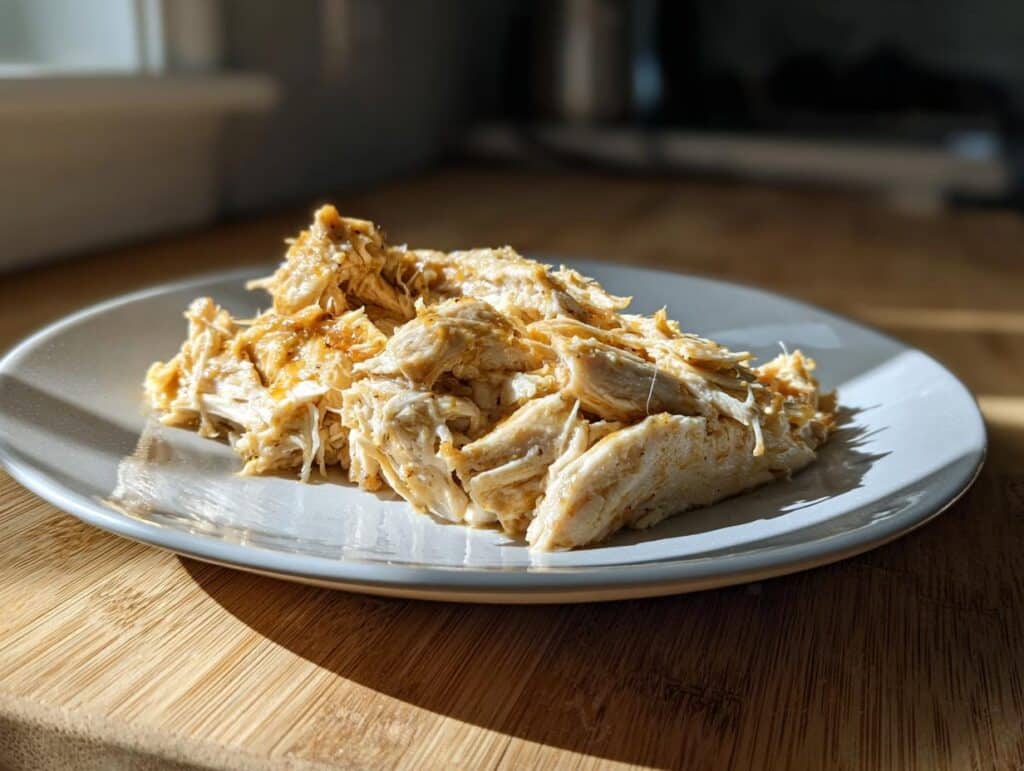 A plate of shredded Garlic Parmesan Crockpot Chicken, ready to serve and enjoy.