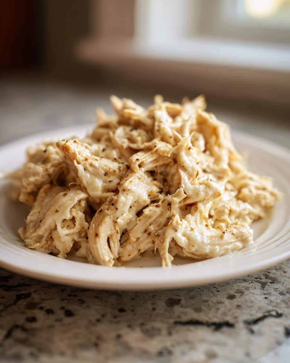 Delicious Garlic Parmesan Crockpot Chicken in 4 Steps 6 Close-up of Garlic Parmesan Crockpot Chicken, shredded and served on a white plate.
