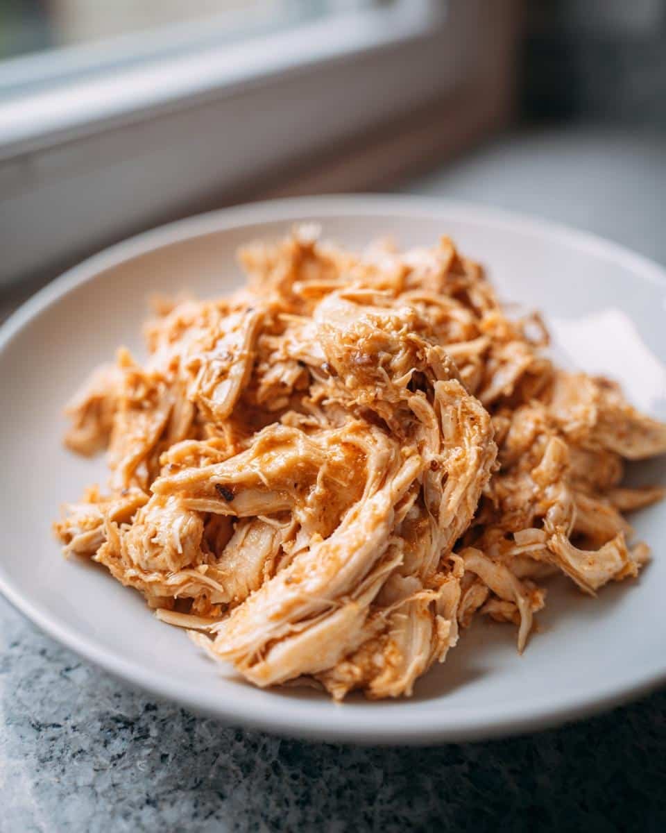 Delicious Garlic Parmesan Crockpot Chicken in 4 Steps 8 Close-up of shredded Garlic Parmesan Crockpot Chicken served on a white plate.