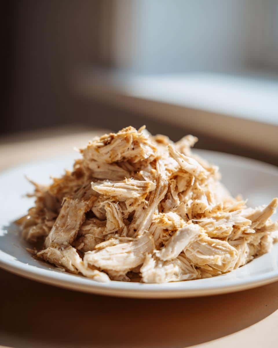 Delicious Garlic Parmesan Crockpot Chicken in 4 Steps 9 Close-up of shredded Garlic Parmesan Crockpot Chicken on a white plate, ready to serve.