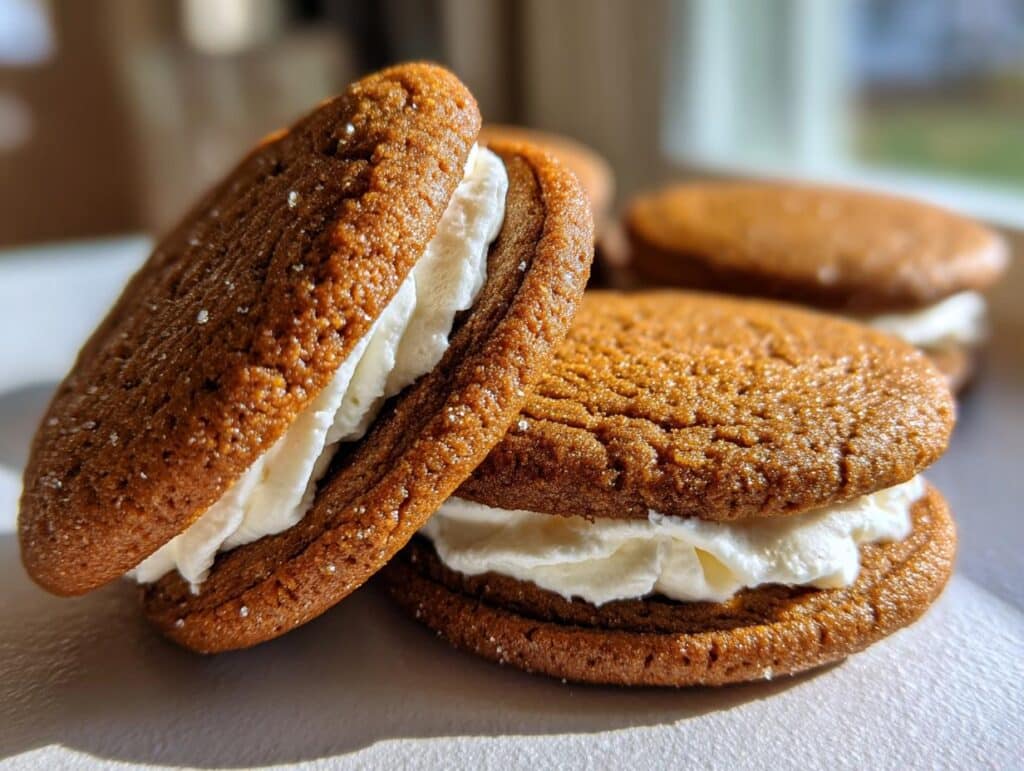 Close-up of Ginger Molasses Sandwich Cookies filled with white cream, showing texture and sugar sprinkles.