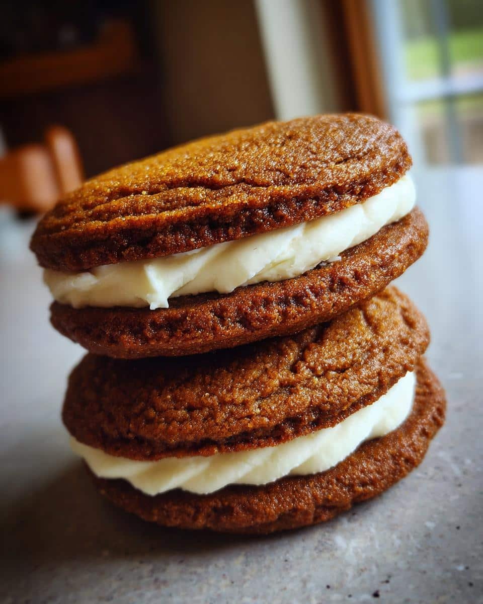 Irresistible Ginger Molasses Sandwich Cookies Recipe 6 A stack of two Ginger Molasses Sandwich Cookies with creamy white filling.