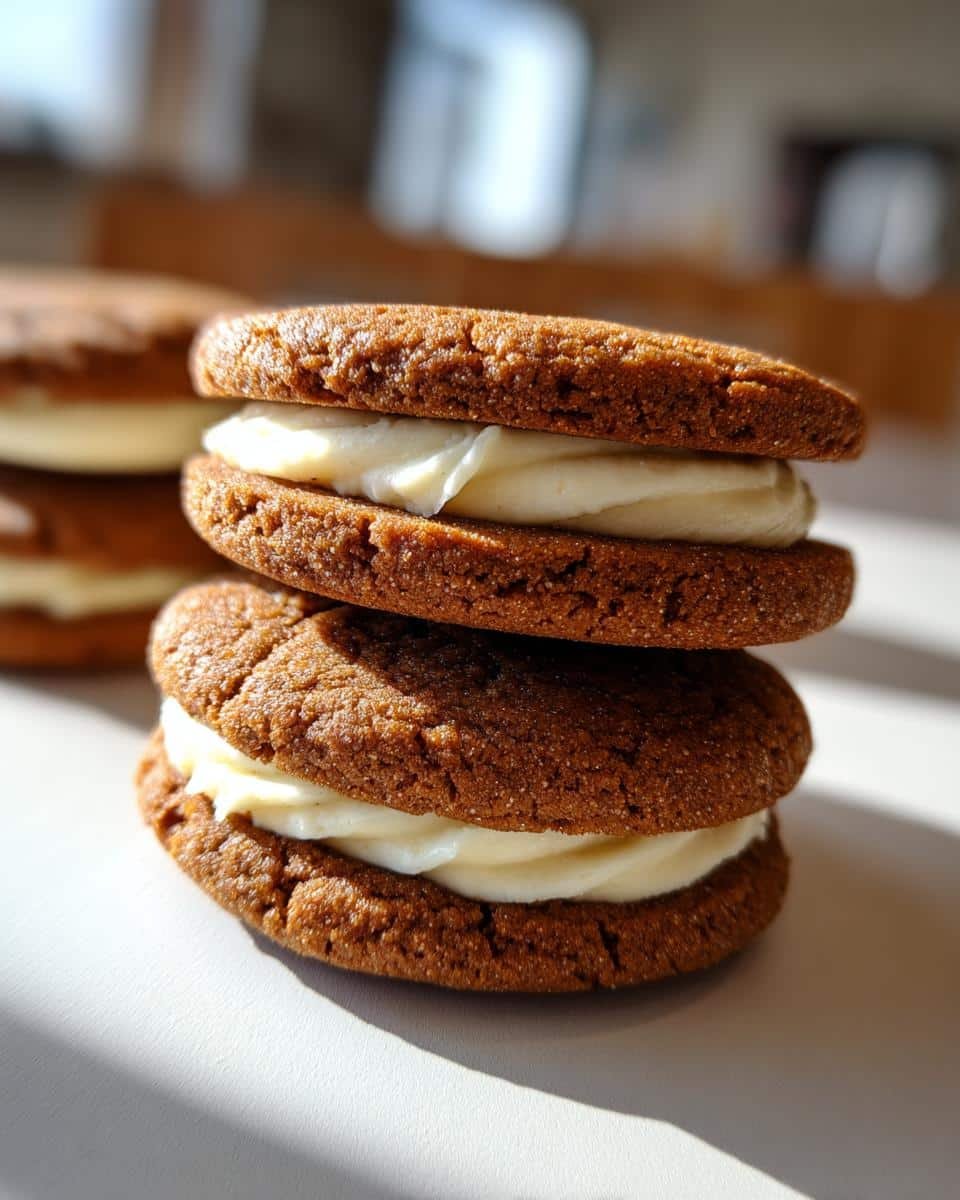 Irresistible Ginger Molasses Sandwich Cookies Recipe 7 A stack of two Ginger Molasses Sandwich Cookies filled with creamy frosting.