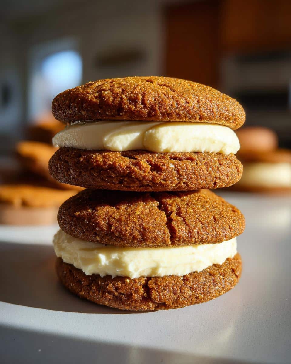 Irresistible Ginger Molasses Sandwich Cookies Recipe 8 A stack of two Ginger Molasses Sandwich Cookies with a creamy filling in between each cookie.