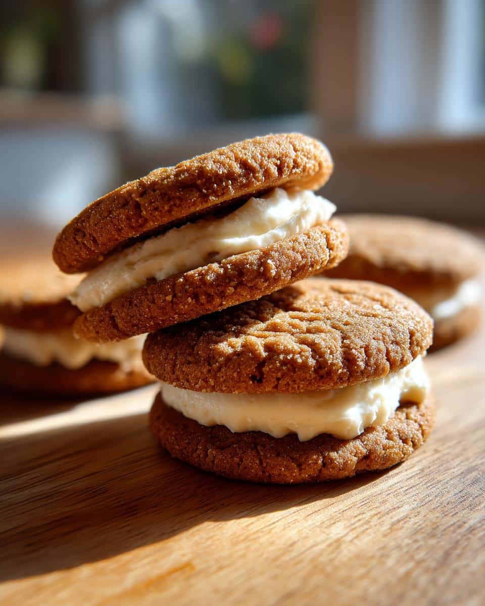 Irresistible Ginger Molasses Sandwich Cookies Recipe 9 A stack of two Ginger Molasses Sandwich Cookies filled with creamy frosting on a wooden board.