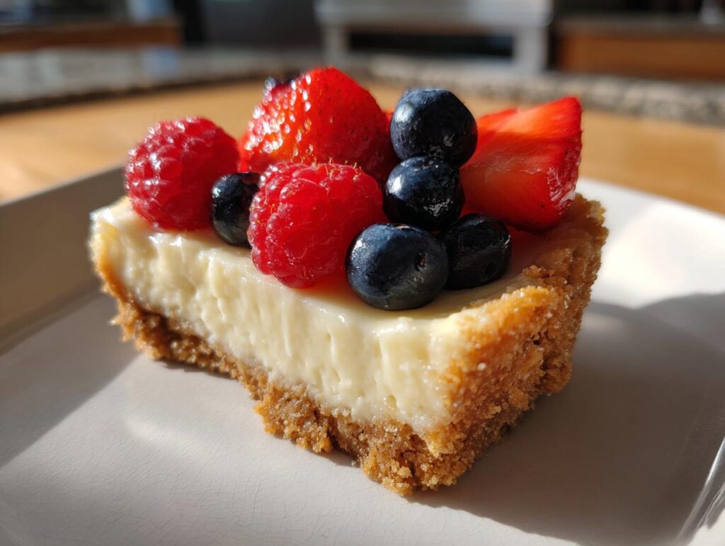 A single Gnome Mini Cheesecake topped with fresh strawberries, raspberries, and blueberries on a white plate.