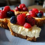 Close-up of Gnome Mini Cheesecakes topped with fresh raspberries, blueberries, and blackberries.