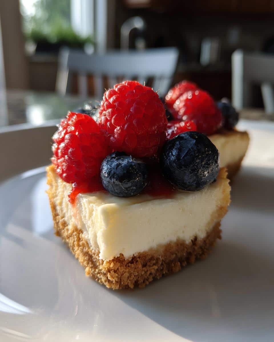 Foolproof Gnome Mini Cheesecakes: Just 2 Eggs Needed 9 Close-up of Gnome Mini Cheesecakes topped with fresh raspberries and blueberries on a white plate.