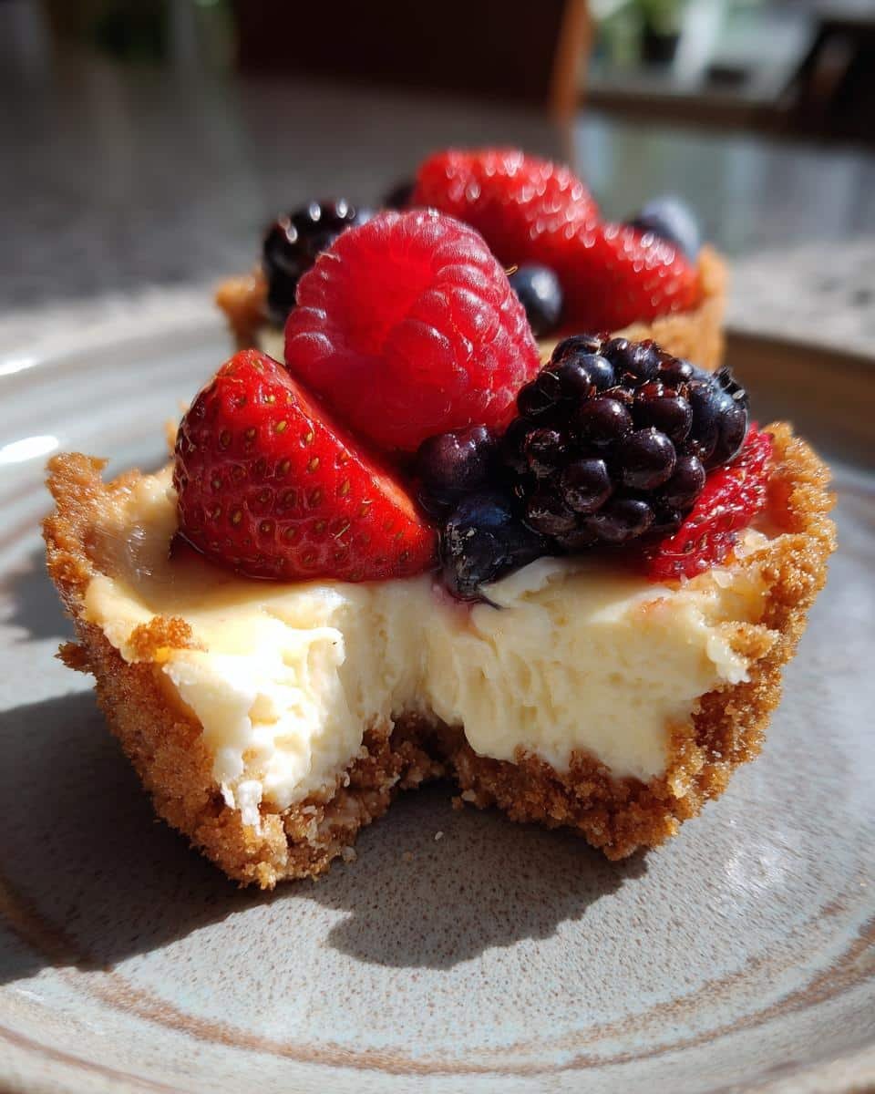 Foolproof Gnome Mini Cheesecakes: Just 2 Eggs Needed 7 Close-up of a Gnome Mini Cheesecake with a bite taken out, topped with fresh berries.