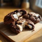 Three Gooey Chocolate Marshmallow Swirl Cookies on a wooden board, one broken to show the marshmallow filling.
