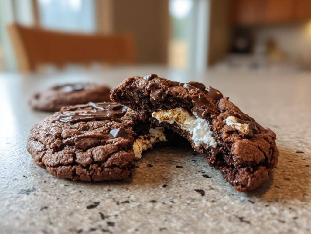 Close-up of a Gooey Chocolate Marshmallow Swirl Cookie, broken in half to show the marshmallow filling.