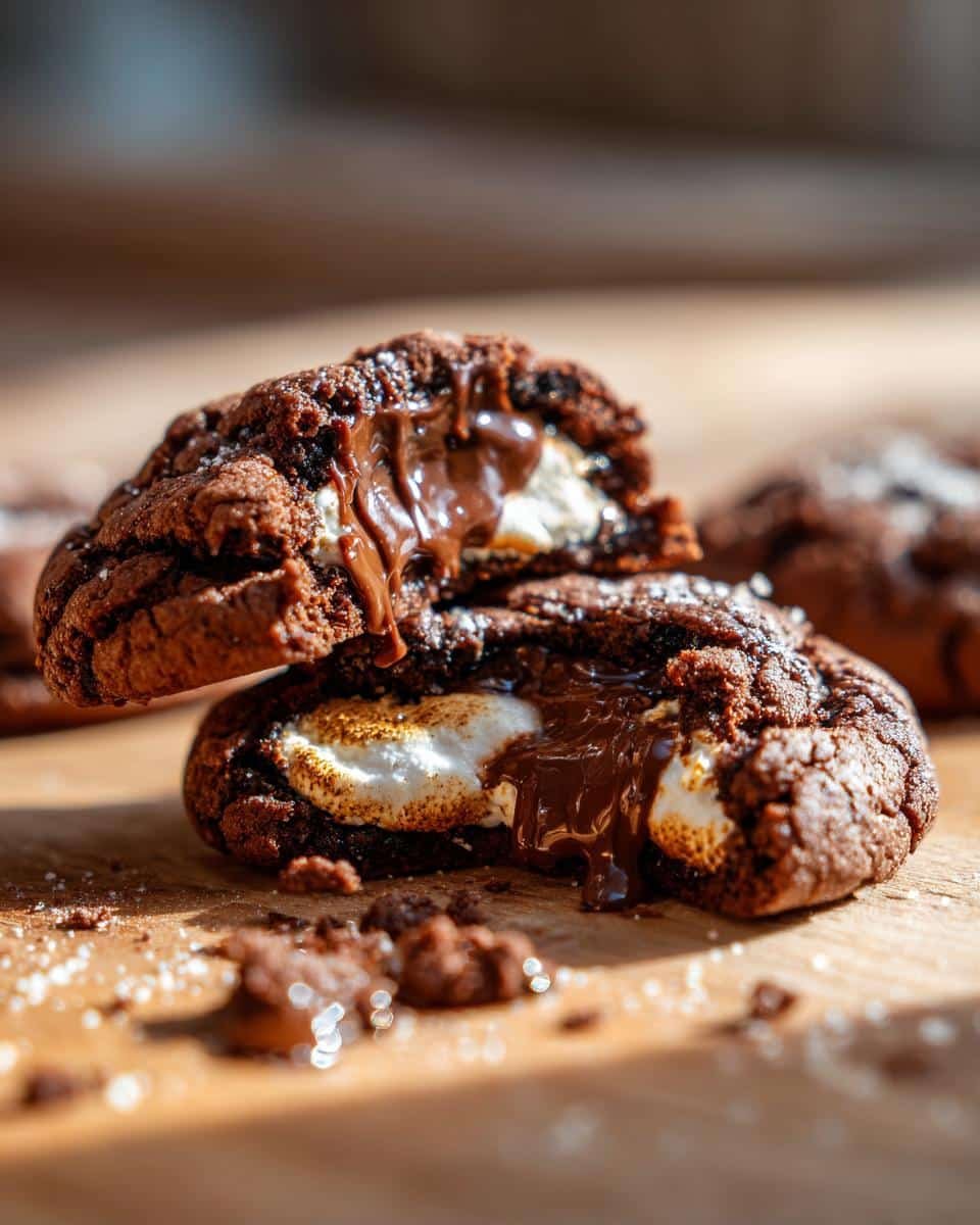 Gooey Chocolate Cookies: 9 Amazing Tips for a Win 9 Decadent Gooey Chocolate Marshmallow Swirl Cookies, split open to show the melted marshmallow and chocolate.