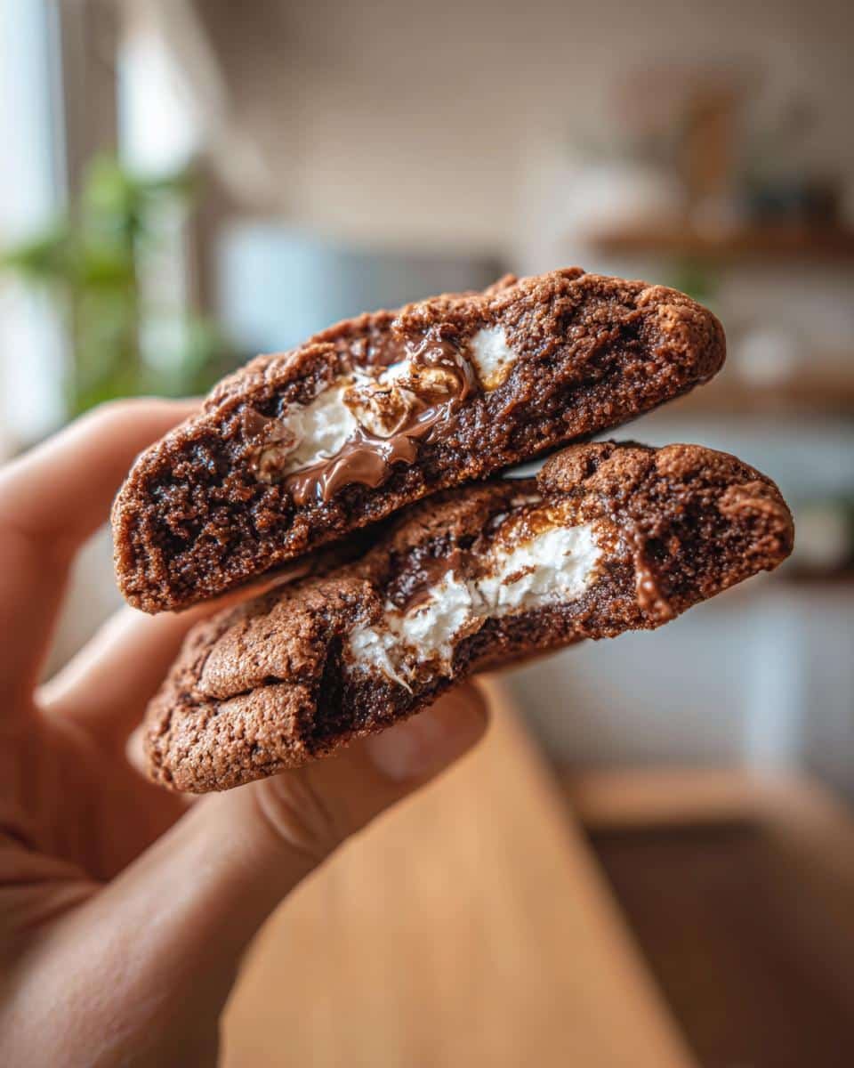 Gooey Chocolate Cookies: 9 Amazing Tips for a Win 7 A hand holds a broken Gooey Chocolate Marshmallow Swirl Cookie, revealing the gooey marshmallow center.