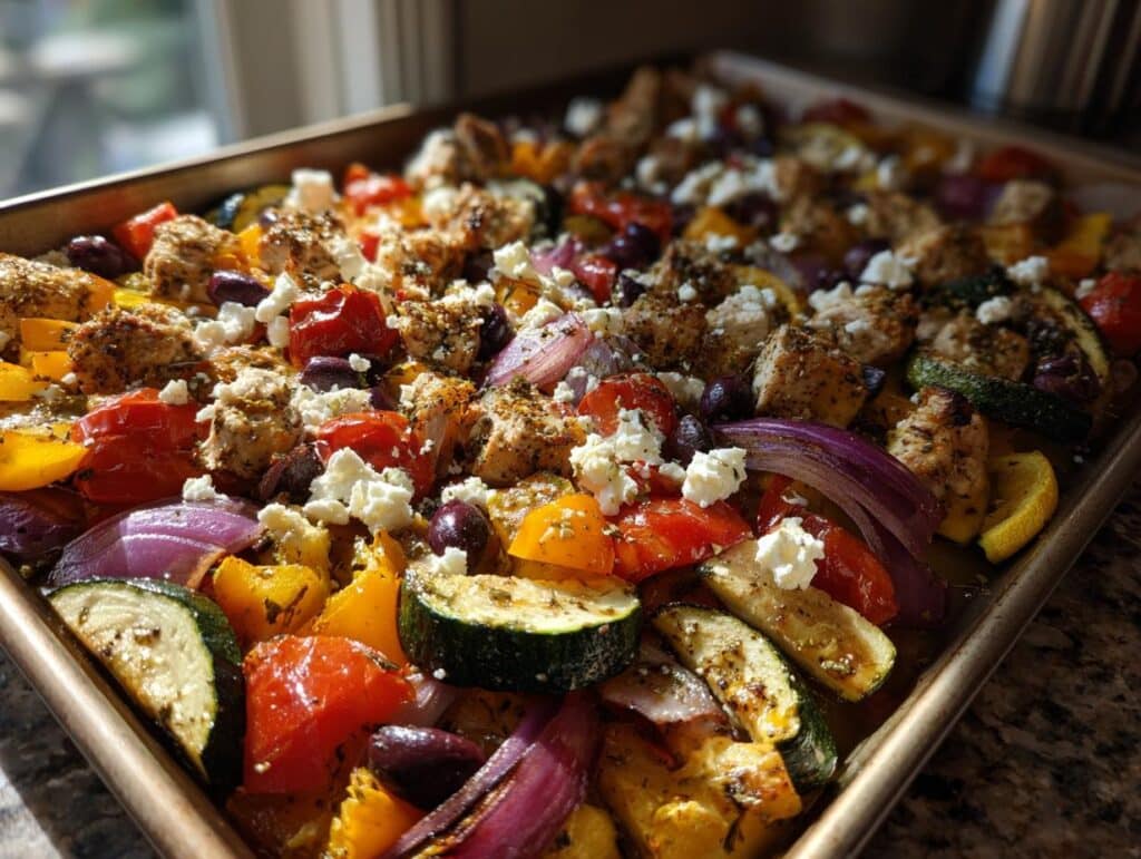 A sheet pan filled with Greek Sheet Pan Feta Chicken and Veggies, including chicken, feta, zucchini, peppers, and red onions.