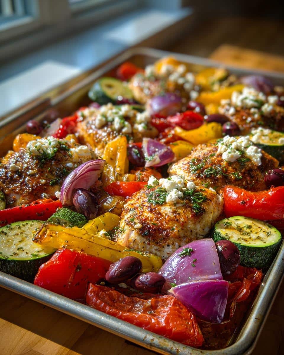 Greek Sheet Pan Chicken: 3 Amazing Secrets 6 A sheet pan filled with Greek Sheet Pan Feta Chicken and Veggies, including chicken, zucchini, peppers, onions, and olives.