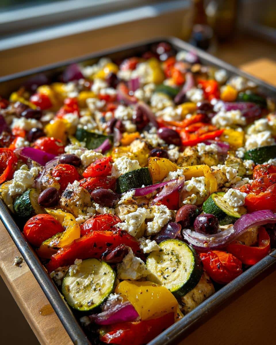 Greek Sheet Pan Chicken: 3 Amazing Secrets 7 A sheet pan filled with Greek Sheet Pan Feta Chicken and Veggies, including tomatoes, zucchini, peppers, feta, and olives.