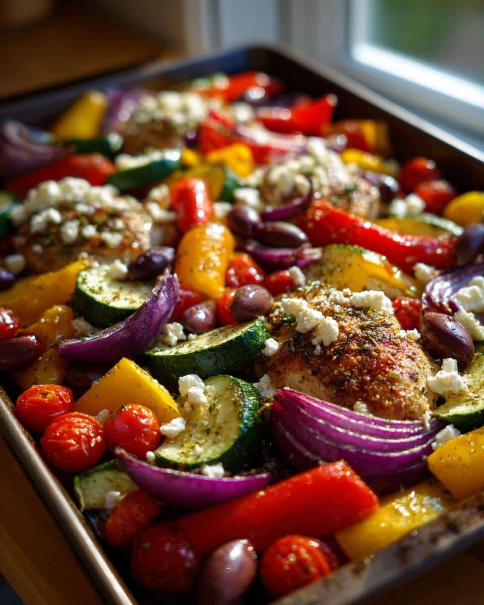 Greek Sheet Pan Chicken: 3 Amazing Secrets 8 A colorful Greek Sheet Pan Feta Chicken and Veggies, featuring chicken, feta, zucchini, peppers, olives, and red onion.