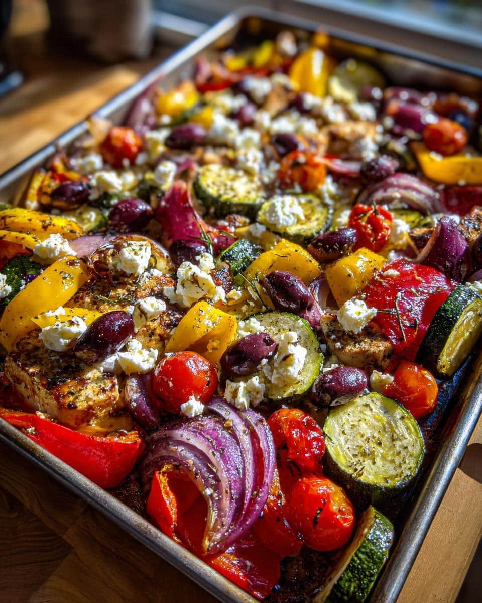 Greek Sheet Pan Chicken: 3 Amazing Secrets 9 A sheet pan filled with Greek Sheet Pan Feta Chicken and Veggies, including chicken, peppers, zucchini, olives, and feta.