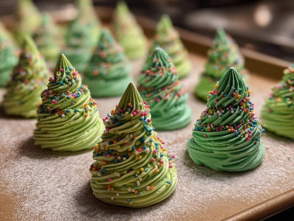Close-up of homemade green Meringue Trees decorated with colorful sprinkles, arranged on a baking sheet.