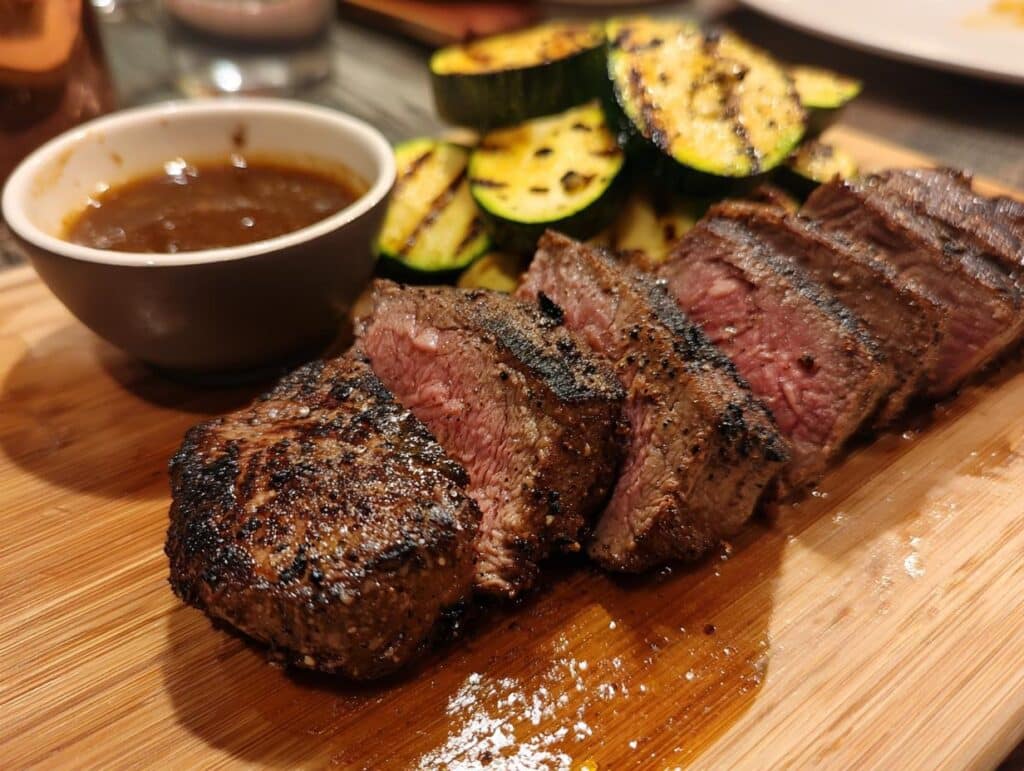 Close-up of a Grilled Steak Bowl with Sauce & Grilled Zucchini on a wooden board.