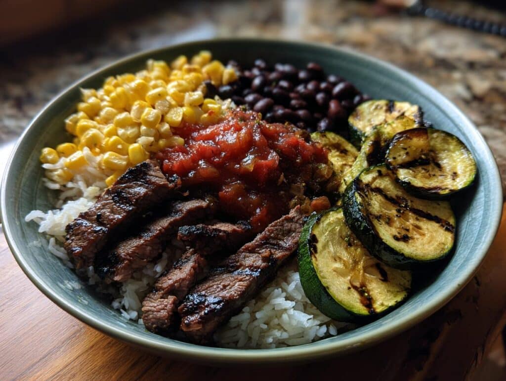 A vibrant Grilled Steak Bowl with Sauce & Grilled Zucchini, corn, rice, and black beans.