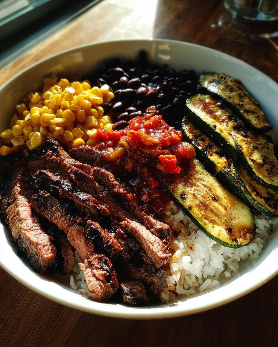 Grilled Steak Bowl: Say Yes to Insanely Good Flavor 7 A delicious Grilled Steak Bowl with Sauce & Grilled Zucchini, corn, black beans, and rice.