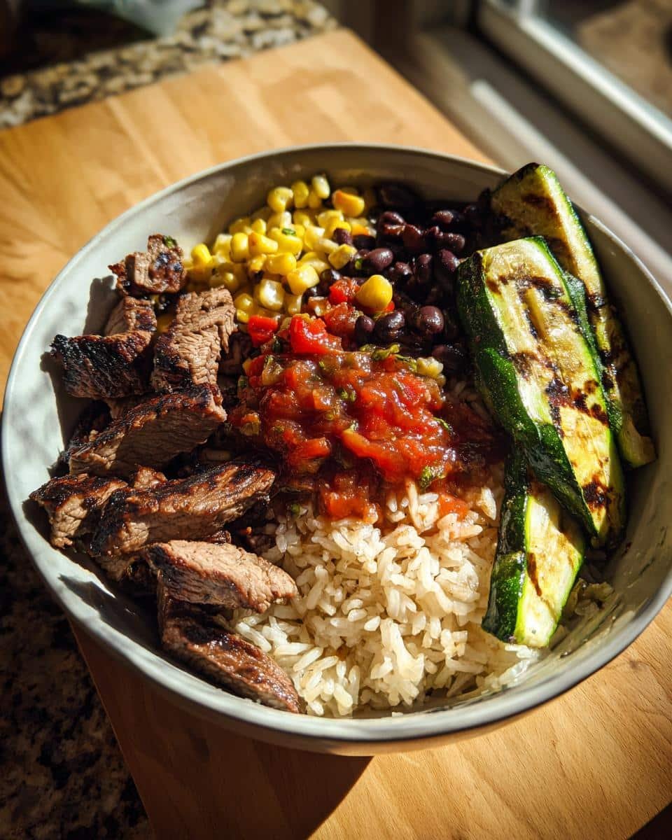 Grilled Steak Bowl: Say Yes to Insanely Good Flavor 8 Overhead shot of a Grilled Steak Bowl with Sauce & Grilled Zucchini, rice, corn, and black beans.