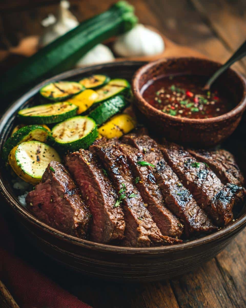 Delicious Grilled Steak Bowl with Sauce in 25 Minutes 6 A delicious Grilled Steak Bowl with Sauce & Grilled Zucchini, featuring sliced steak, grilled vegetables, and flavorful sauce.