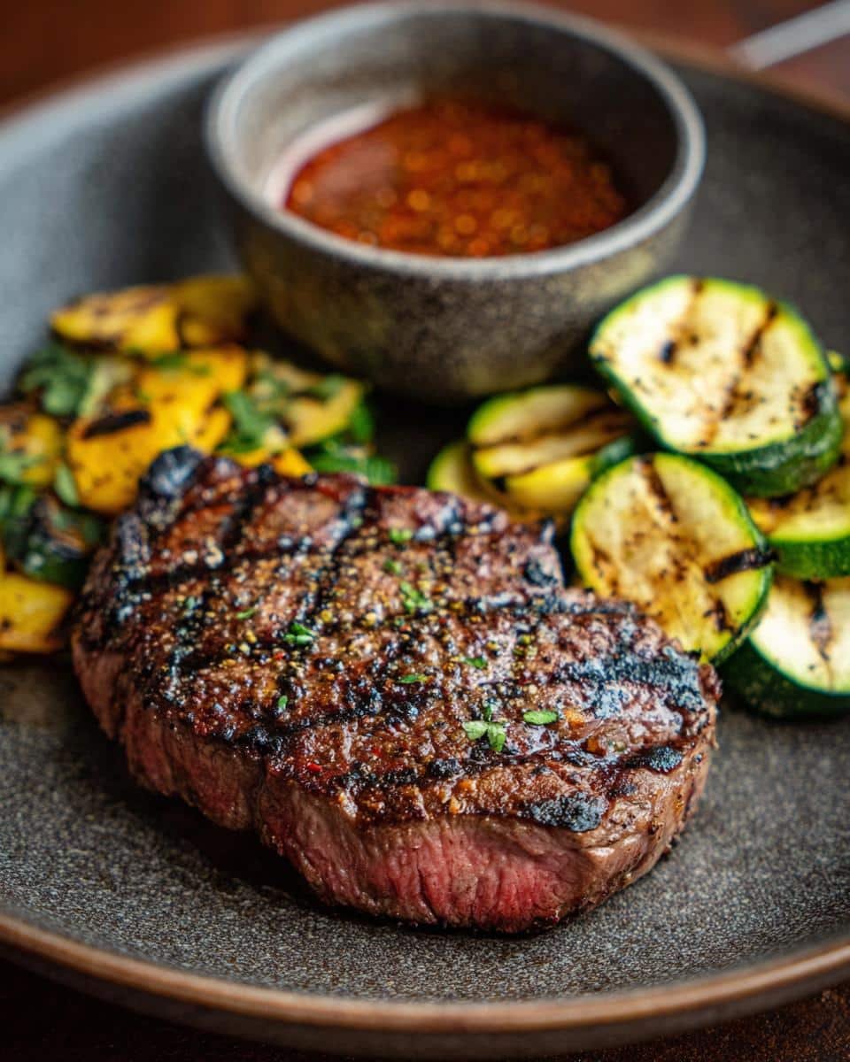 Delicious Grilled Steak Bowl with Sauce in 25 Minutes 7 A perfectly grilled steak bowl with sauce and grilled zucchini on a gray plate.
