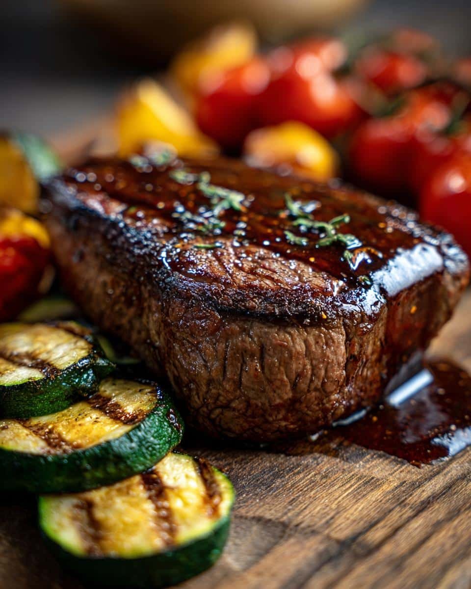 Delicious Grilled Steak Bowl with Sauce in 25 Minutes 8 Close-up of Grilled Steak Bowl with Sauce and Grilled Zucchini on a wooden board, garnished with herbs.