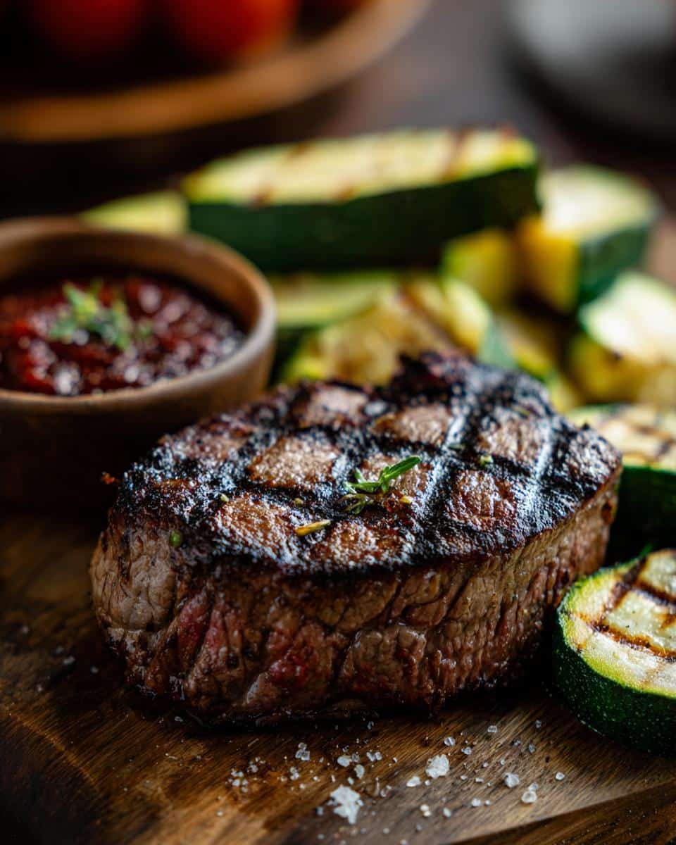 Delicious Grilled Steak Bowl with Sauce in 25 Minutes 9 Perfectly grilled steak bowl with sauce and grilled zucchini on a wooden board, ready to serve.
