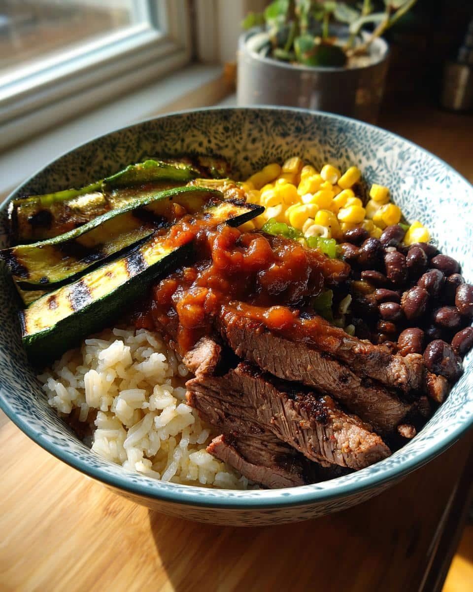Grilled Steak Bowl: Say Yes to Insanely Good Flavor 6 A vibrant Grilled Steak Bowl with Sauce & Grilled Zucchini, featuring rice, corn, and black beans.