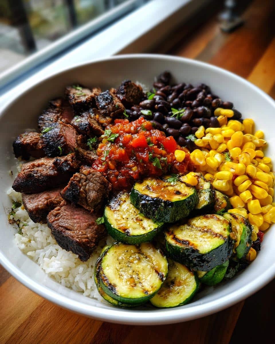 Grilled Steak Bowl: Say Yes to Insanely Good Flavor 9 A vibrant Grilled Steak Bowl with Sauce & Grilled Zucchini, featuring steak, rice, beans, corn, and salsa.