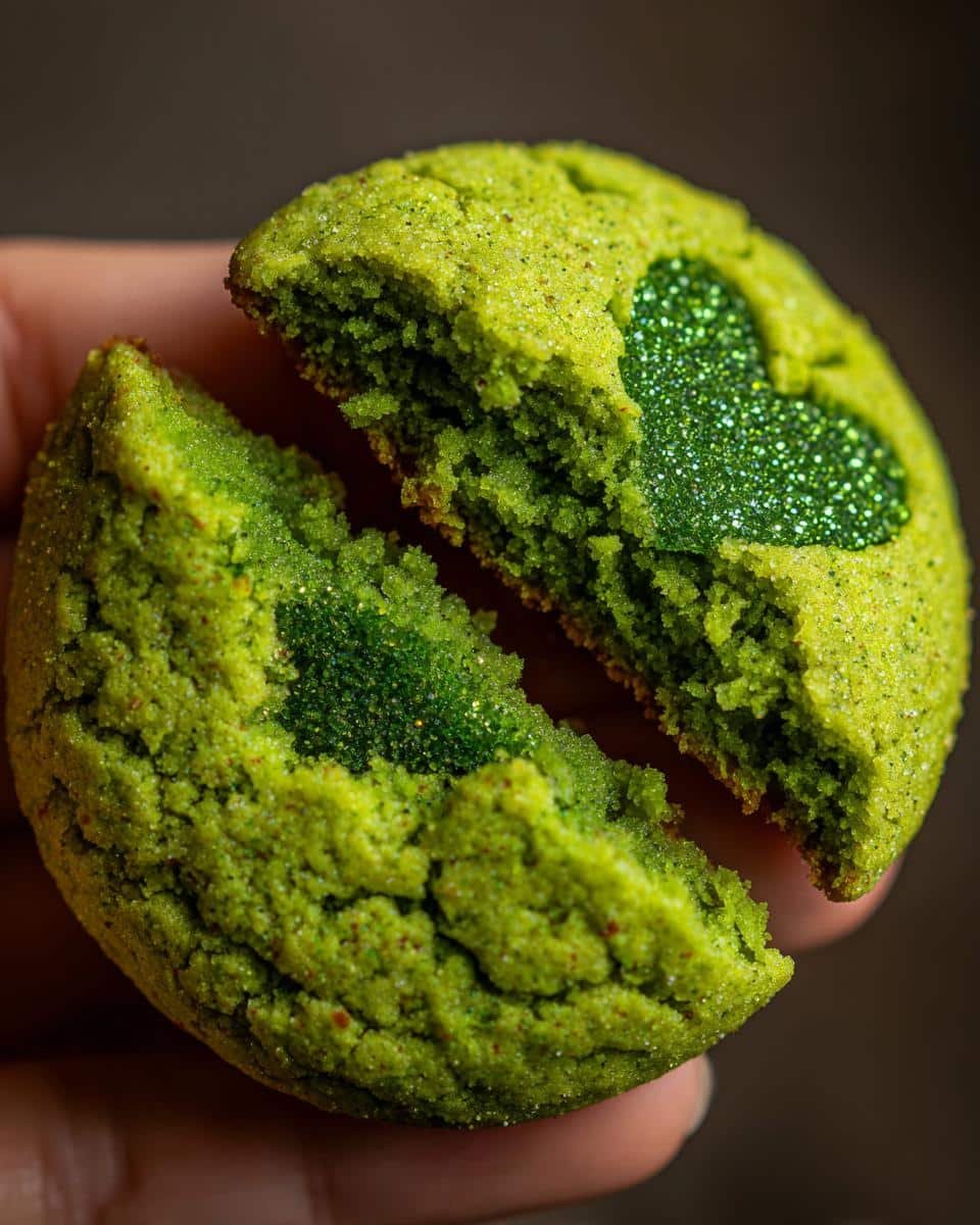 Bake Naughty Grinch Sugar Cookies in Just 10 Minutes 9 Close-up of a broken Grinch Sugar Cookie, revealing a green heart center. Festive and delicious!