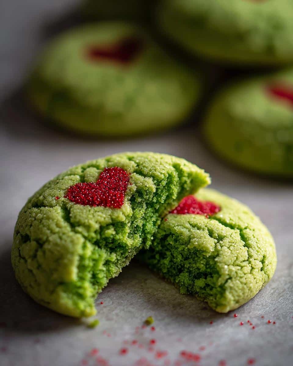 Bake Naughty Grinch Sugar Cookies in Just 10 Minutes 8 A halved Grinch Sugar Cookie showing the inside texture, decorated with a red heart.