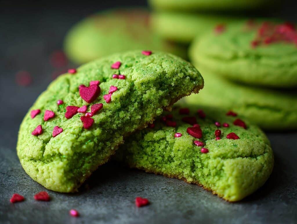 Close-up of a halved Grinch Sugar Cookie, decorated with red heart sprinkles, showcasing its texture.