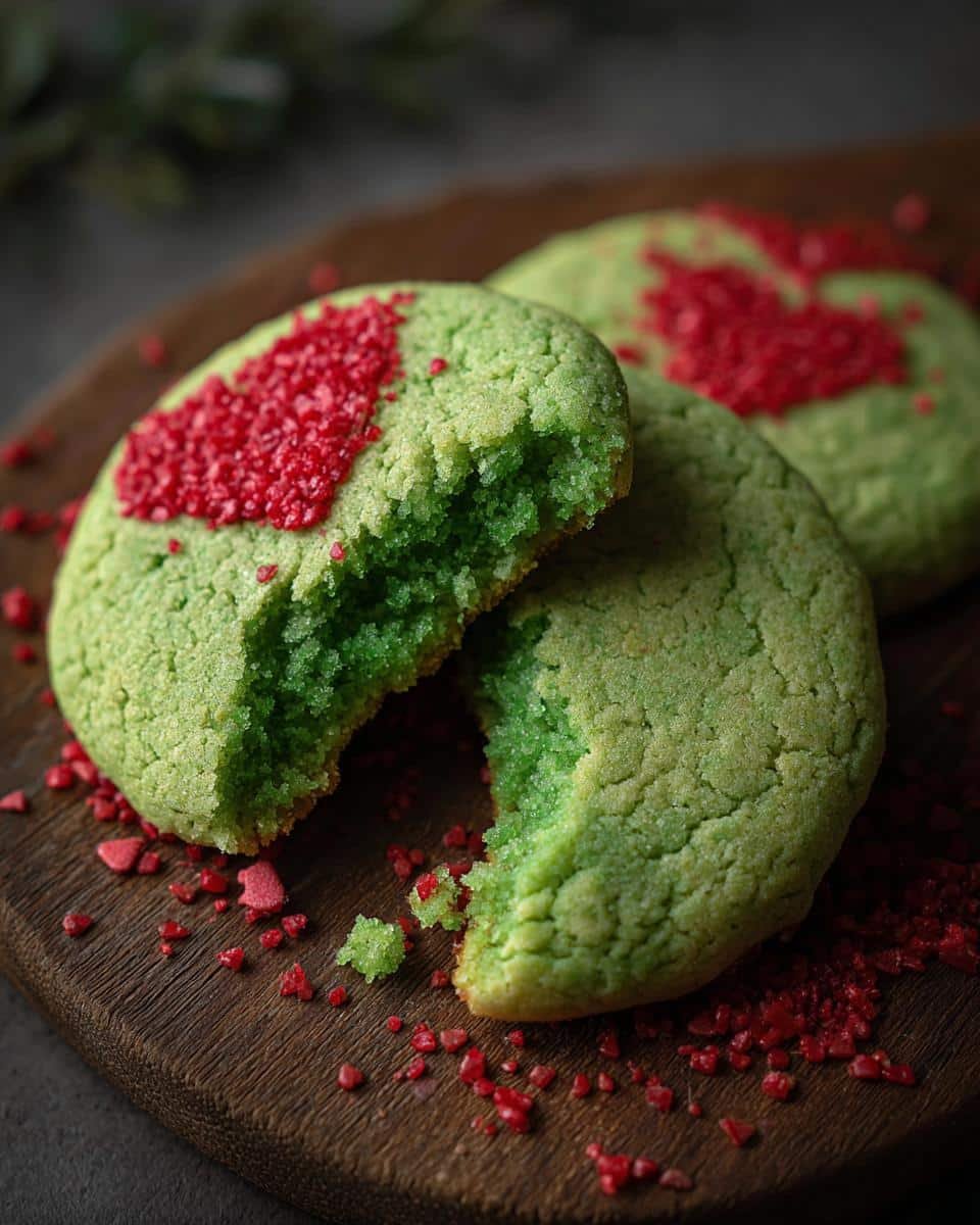 Bake Naughty Grinch Sugar Cookies in Just 10 Minutes 6 Close-up of Grinch Sugar Cookies, one broken in half to show the green interior, decorated with a red heart.